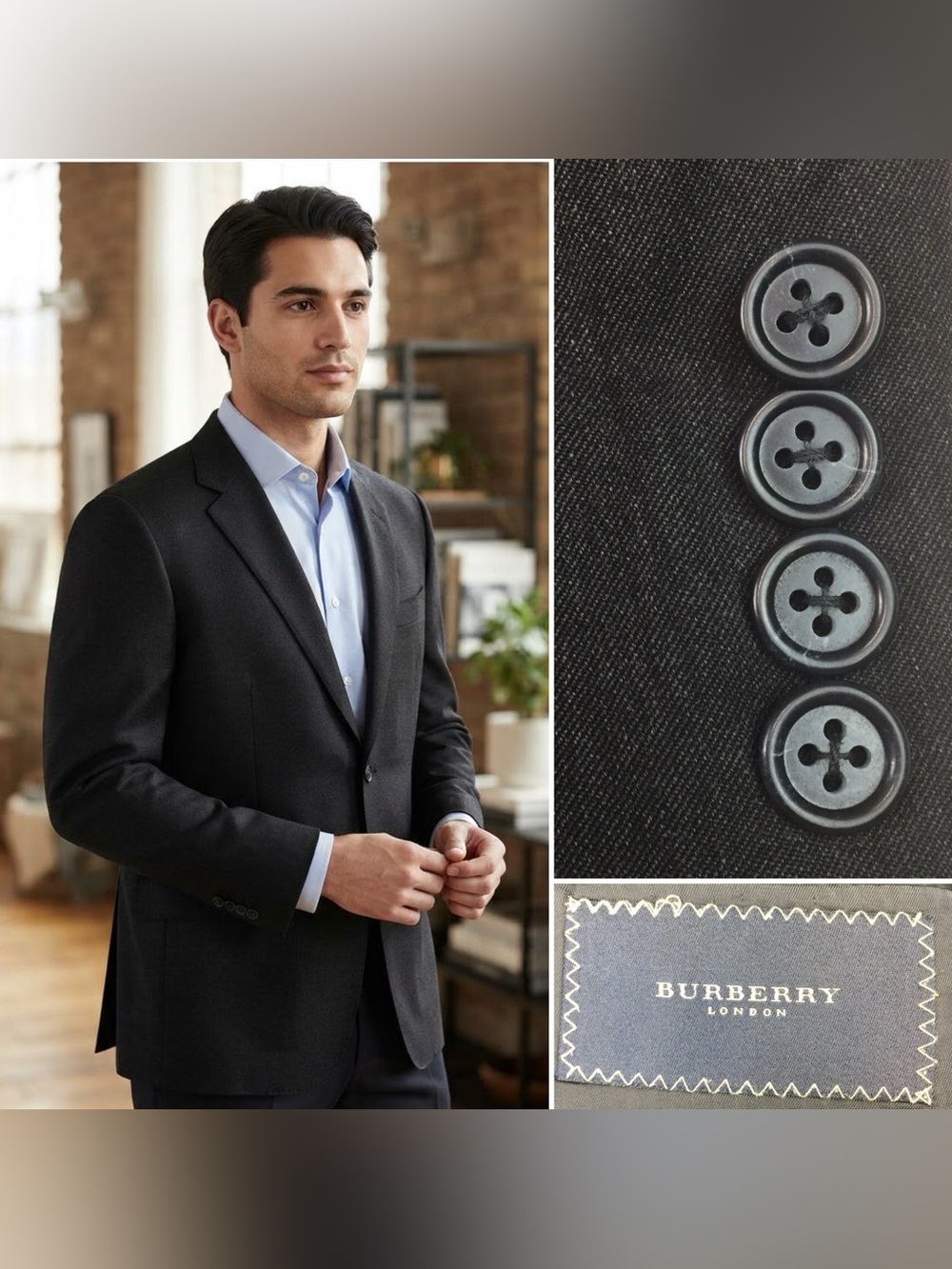 Burberry London Men’s 52R Charcoal Gray Wool 2 Button Blazer Jacket Coat